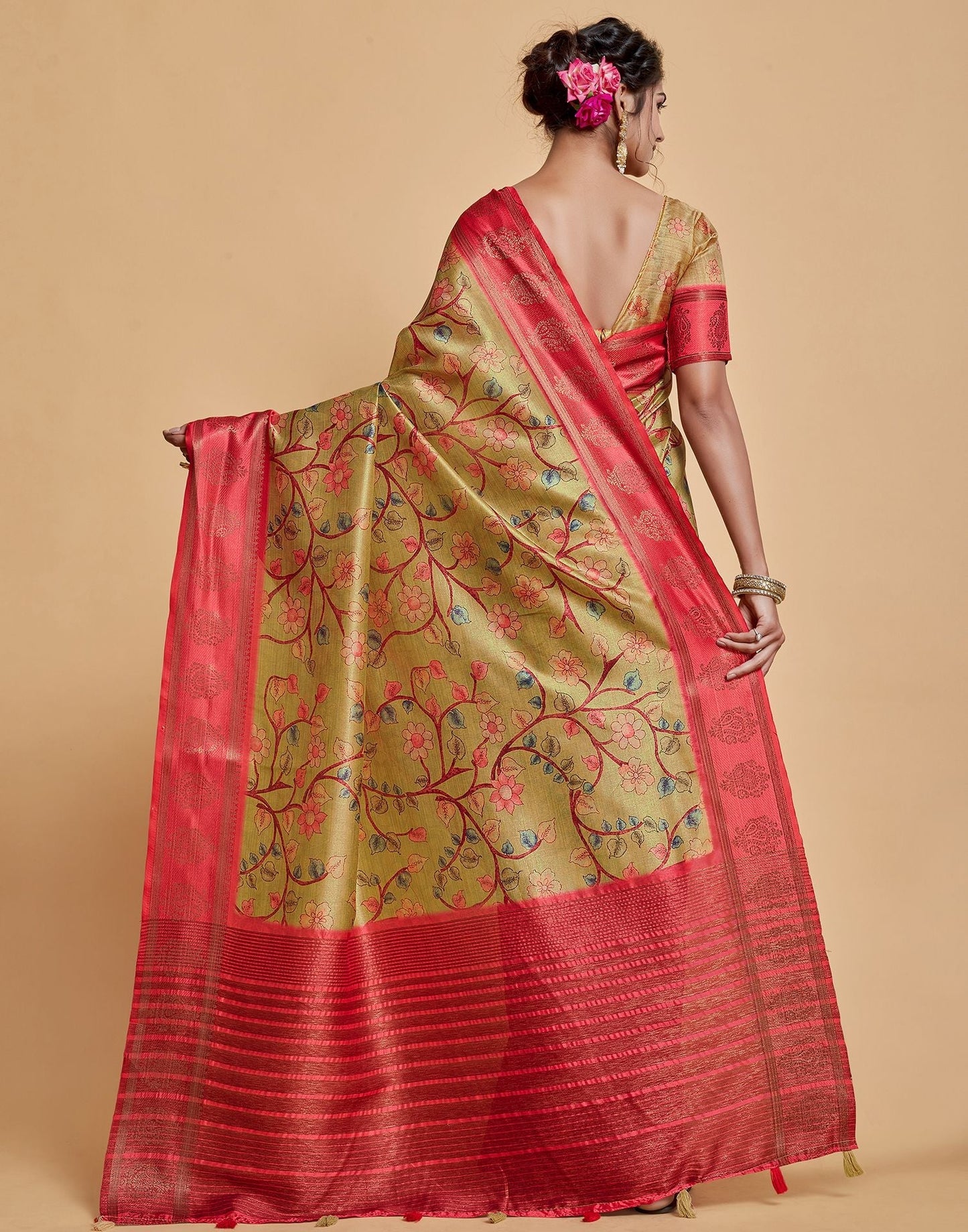 Parrot Green Floral Printed Viscose Silk Saree