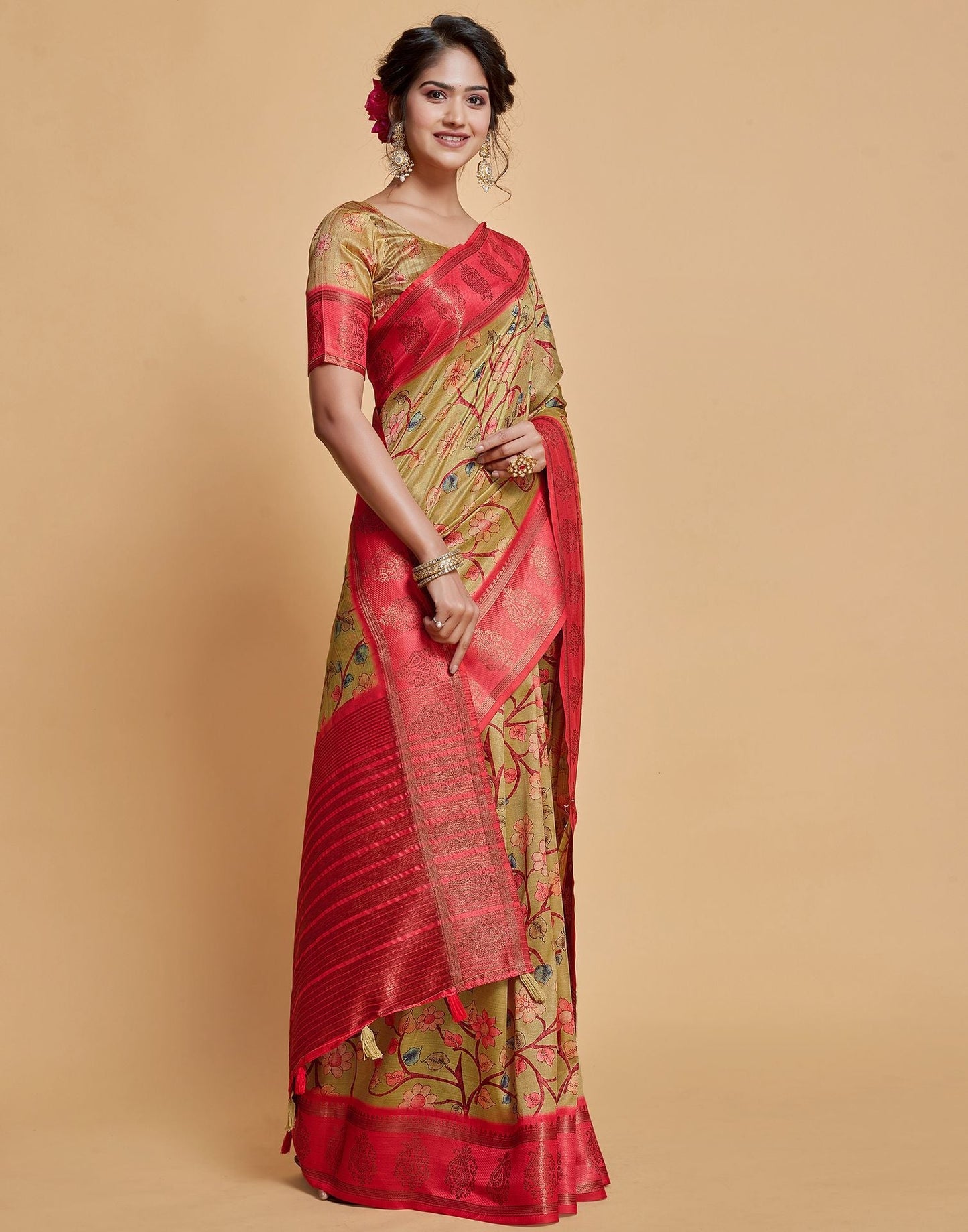 Parrot Green Floral Printed Viscose Silk Saree