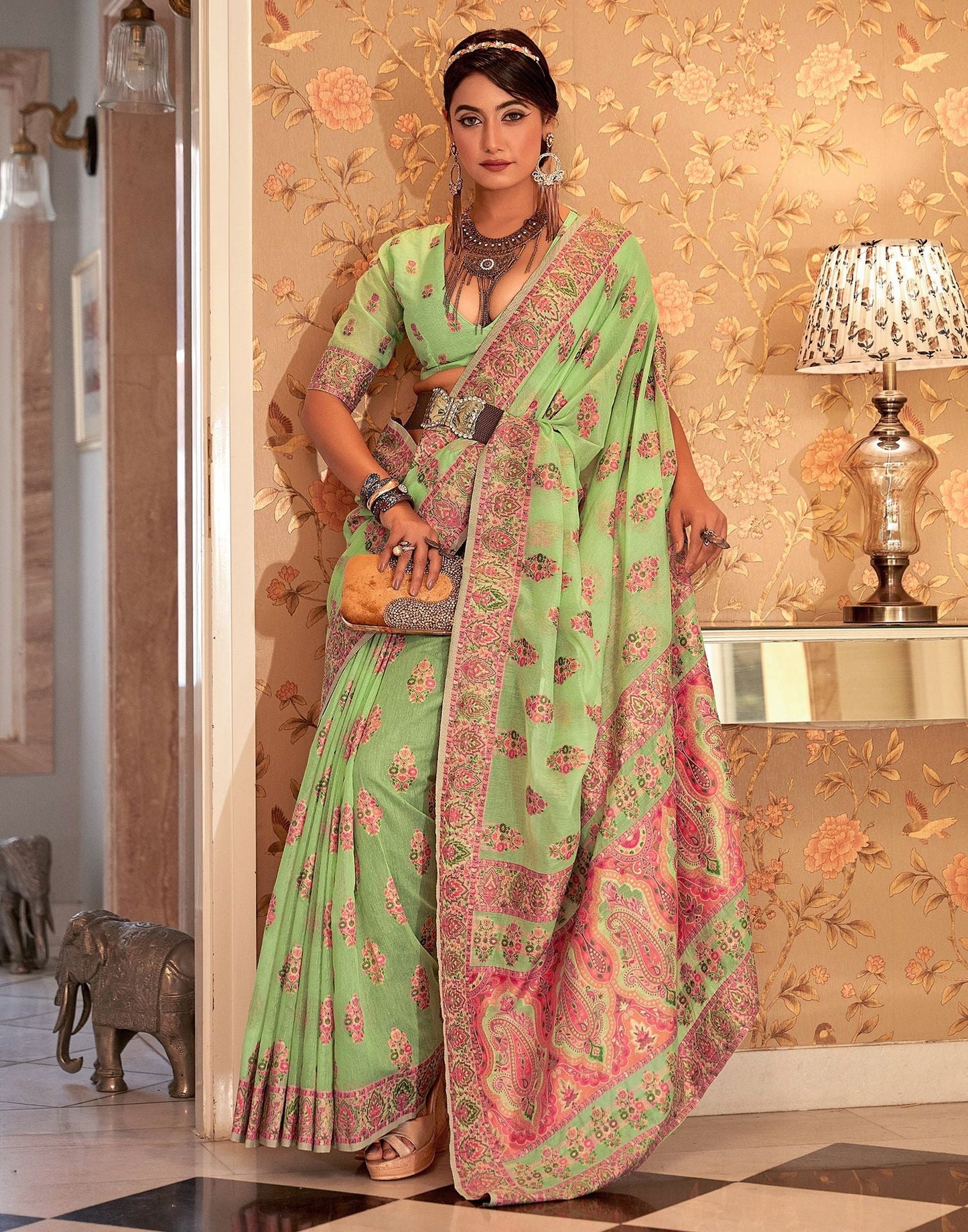 Parrot Green Cotton Weaving Banarasi Saree