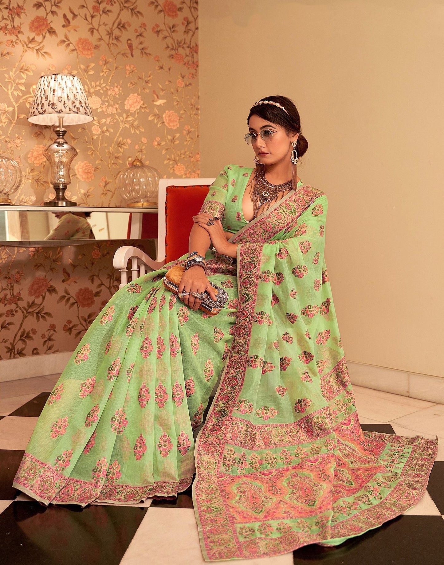 Parrot Green Cotton Weaving Banarasi Saree