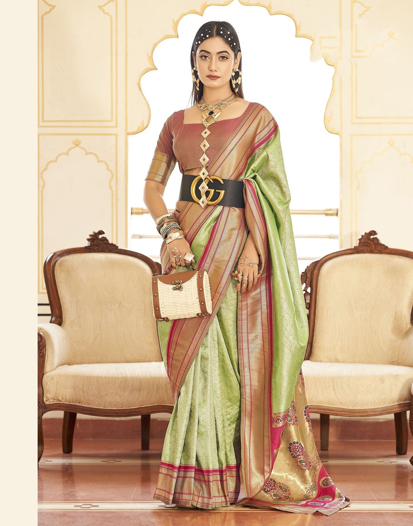 Parrot Green Woven Kanjivaram Silk Saree