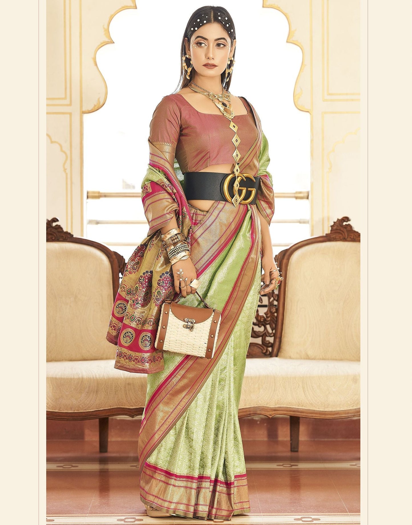 Parrot Green Woven Kanjivaram Silk Saree