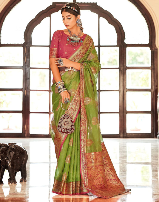 Green Organza Self Woven Banarasi Saree