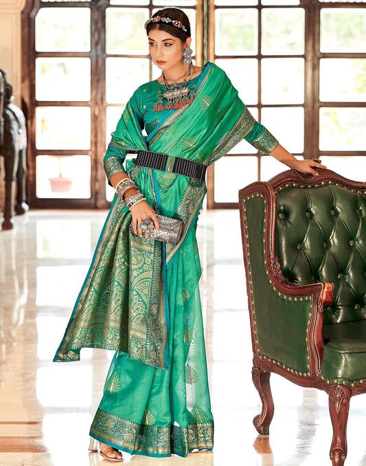 Green Organza Self Woven Banarasi Saree