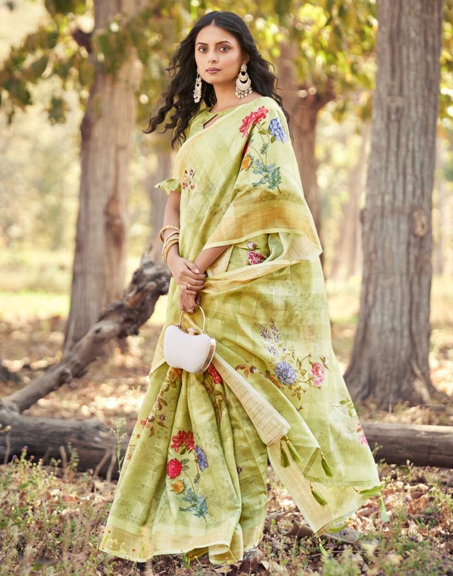 Green Cotton Digital Printed & Self Woven Saree With Tassel