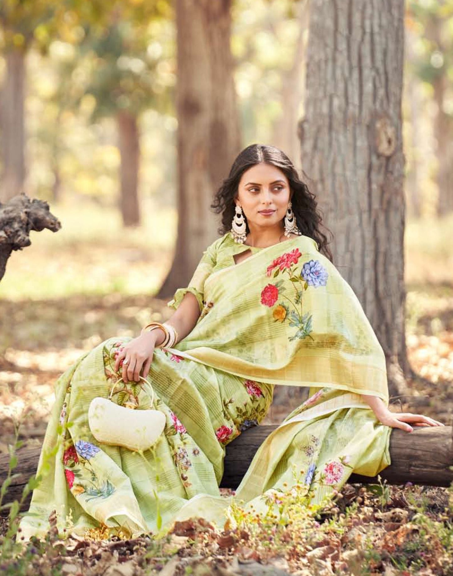 Green Cotton Digital Printed & Self Woven Saree With Tassel