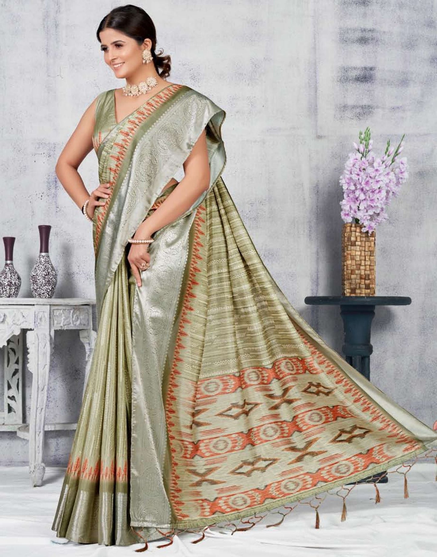 Olive Green Silk Digital Printed Saree With Tassel