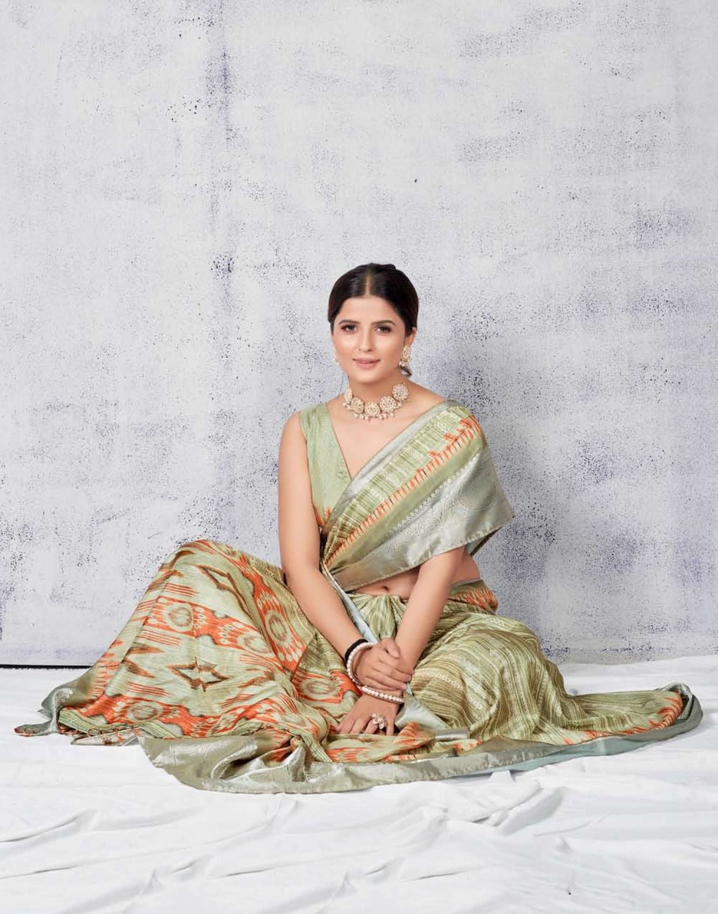 Olive Green Silk Digital Printed Saree With Tassel