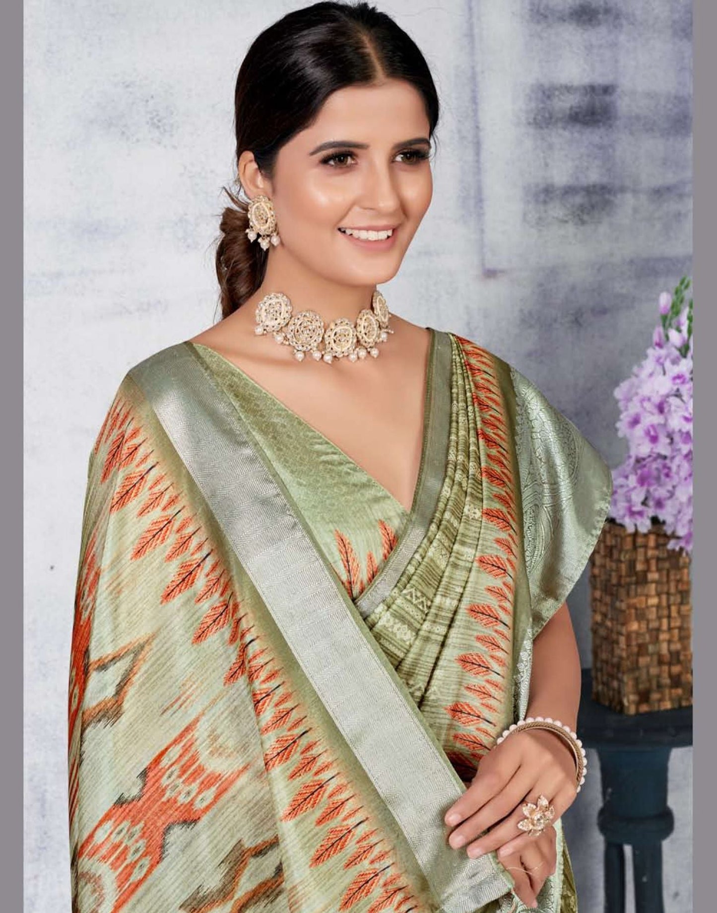 Olive Green Silk Digital Printed Saree With Tassel