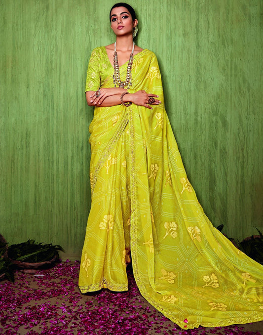 Parrot Green Chiffon Foil Printed Bandhani Saree