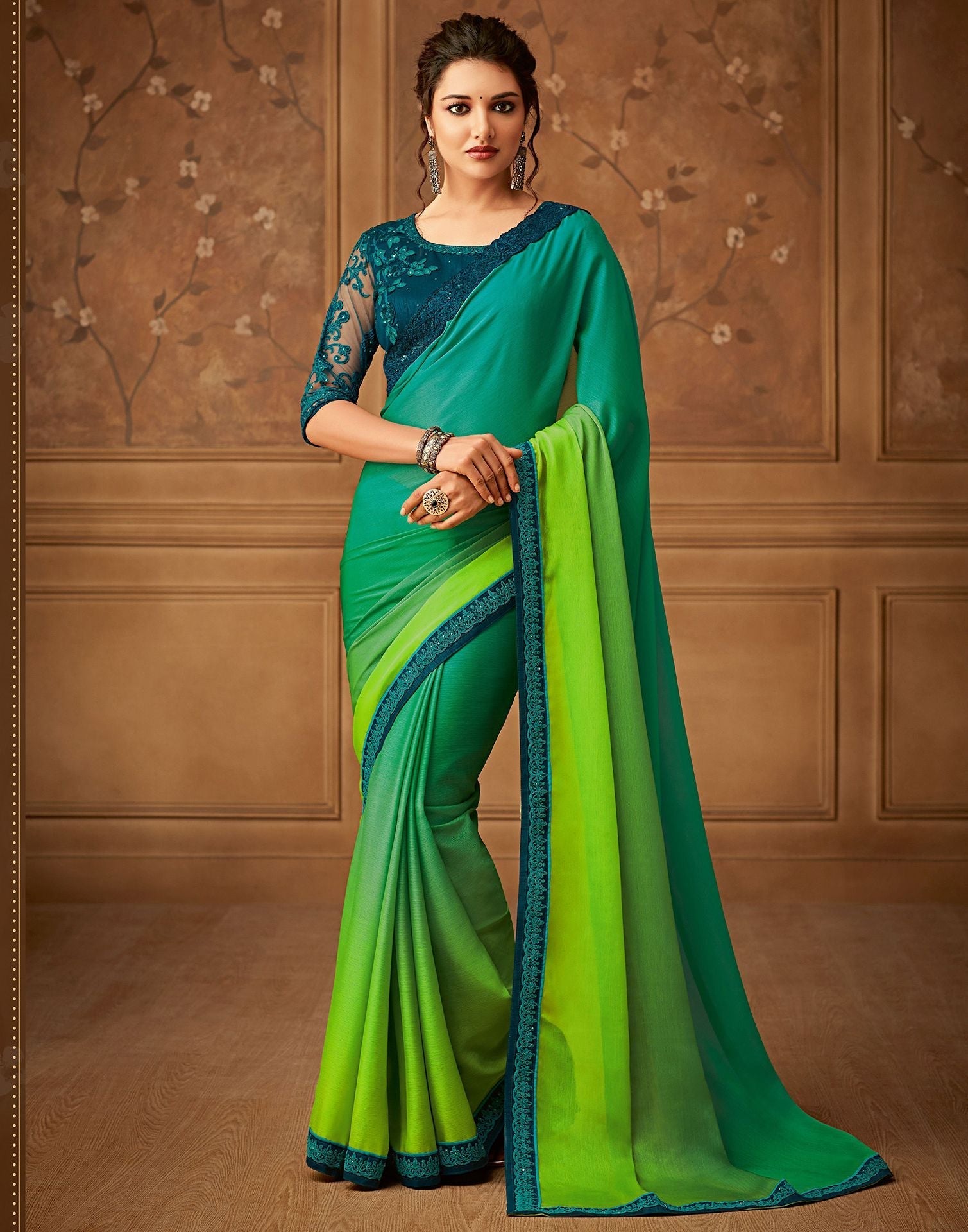 Parrot Green Chiffon Plain Saree