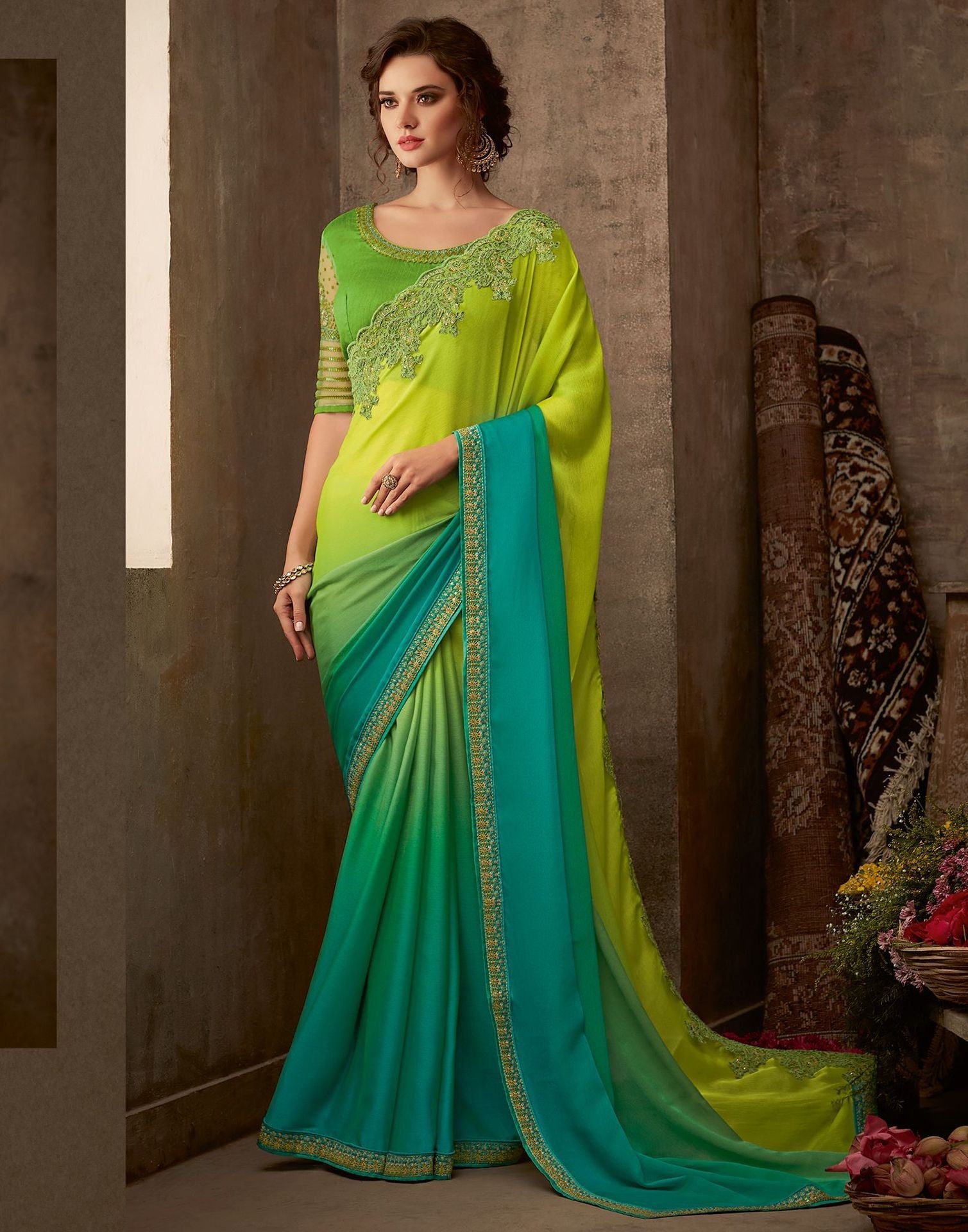 Parrot Green Chiffon Plain Embroidery Saree