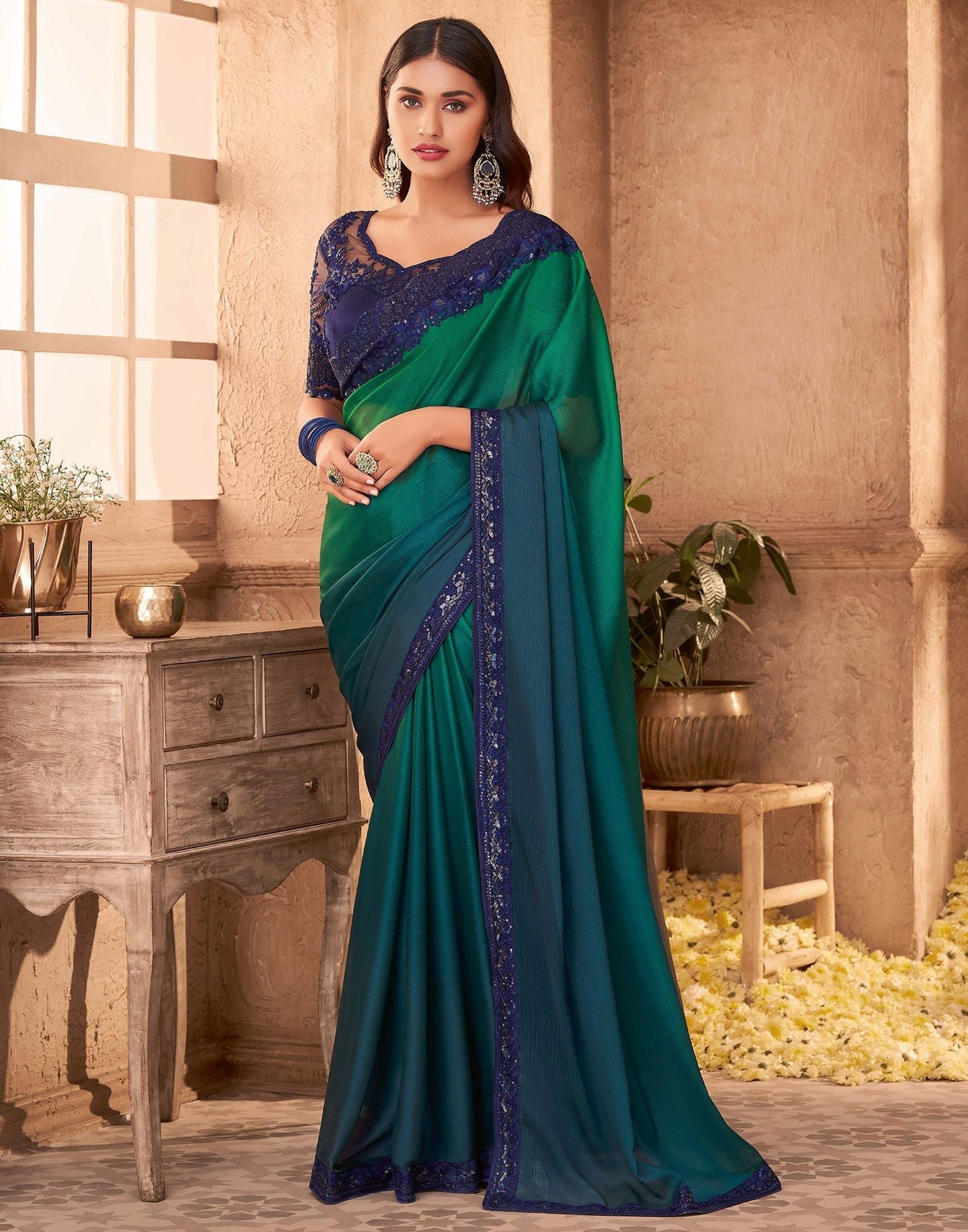 Green Chiffon Plain Embroidery Saree