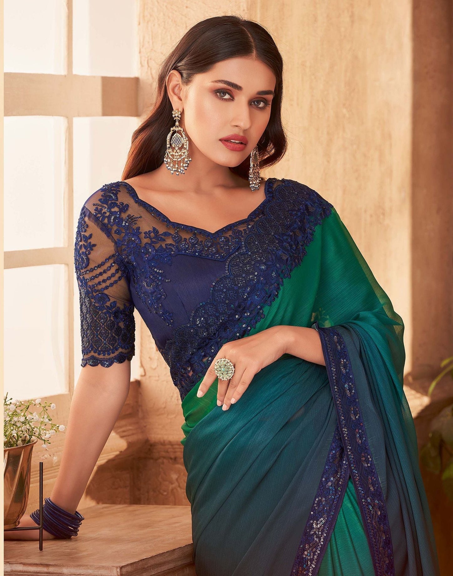 Green Chiffon Plain Embroidery Saree