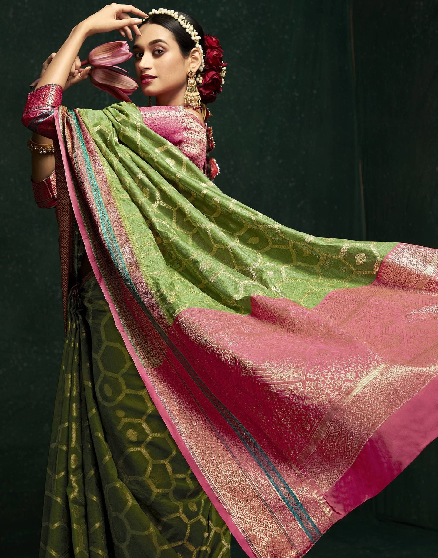 Green Cotton Banarasi Saree