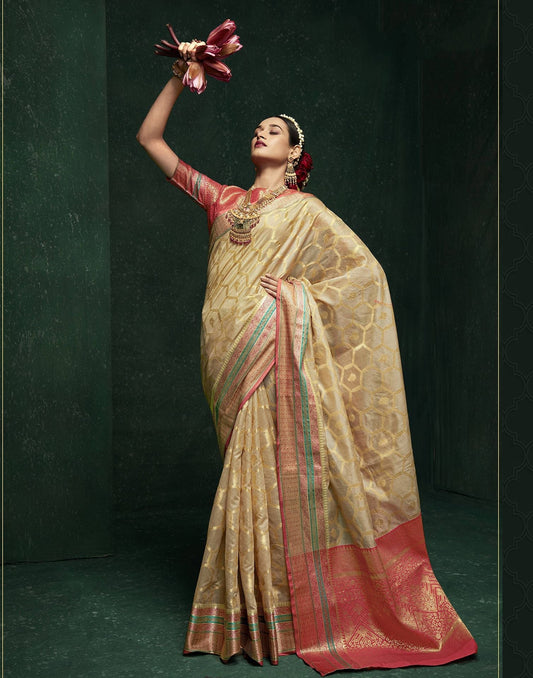 Beige Cotton Banarasi Saree