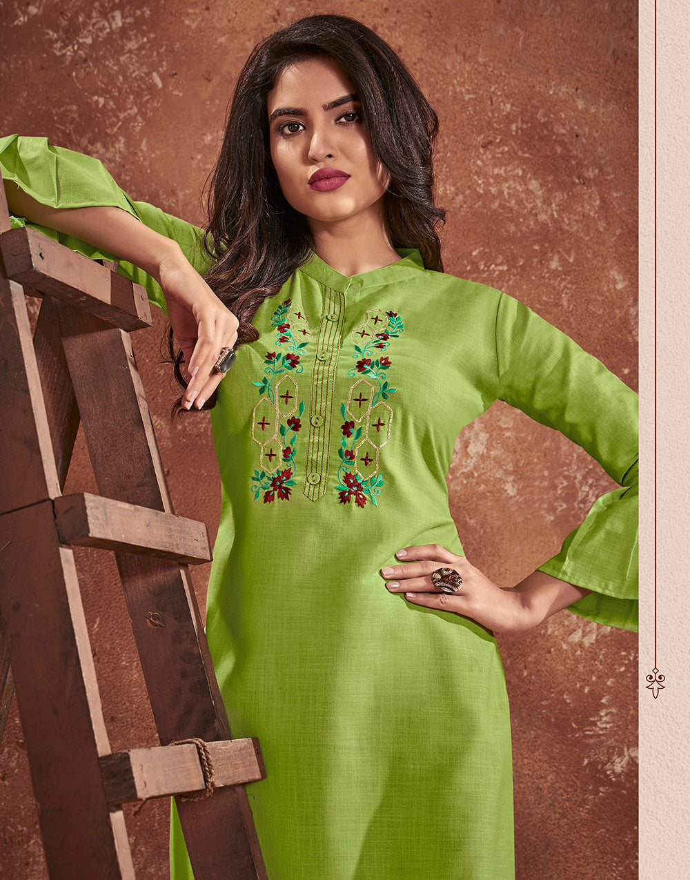 Grasshoper Green Cotton With Heavy Embroidery Work Kurti