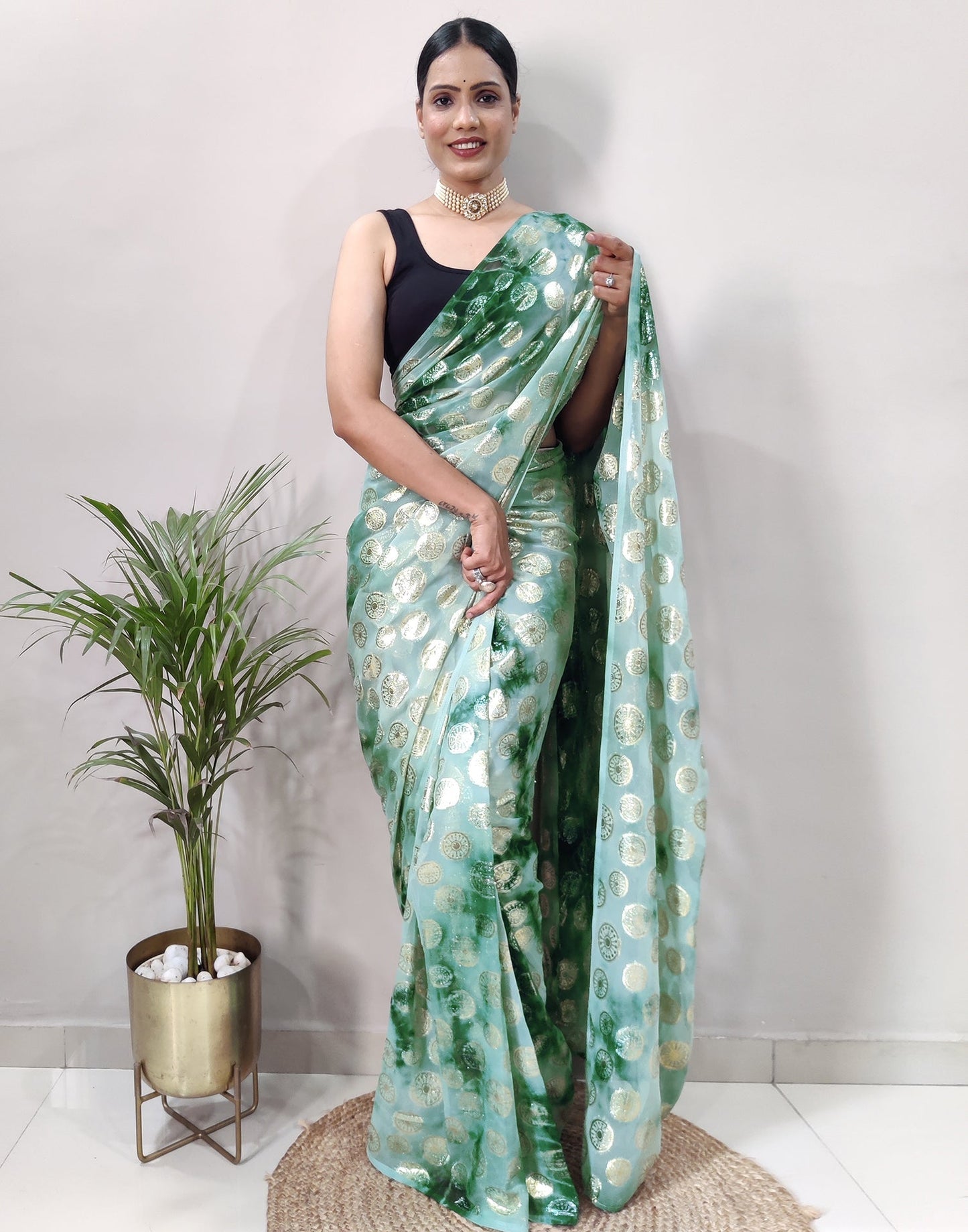 Green Chiffon Embroidery Pre-draped Saree