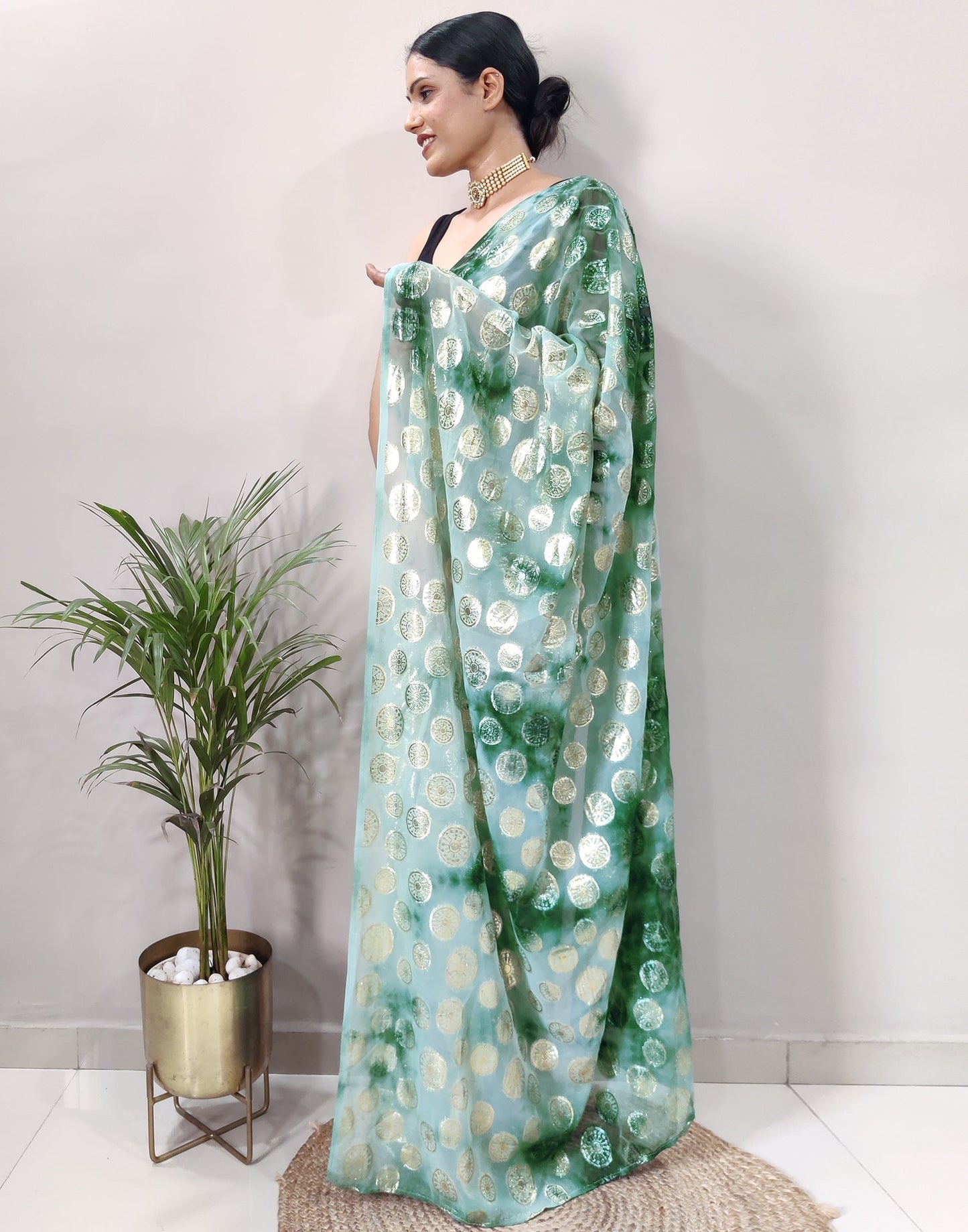 Green Chiffon Embroidery Pre-draped Saree