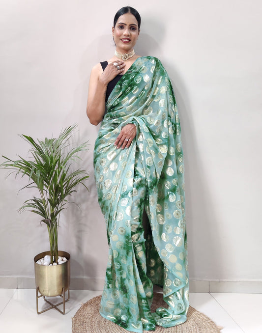 Green Chiffon Embroidery Pre-draped Saree