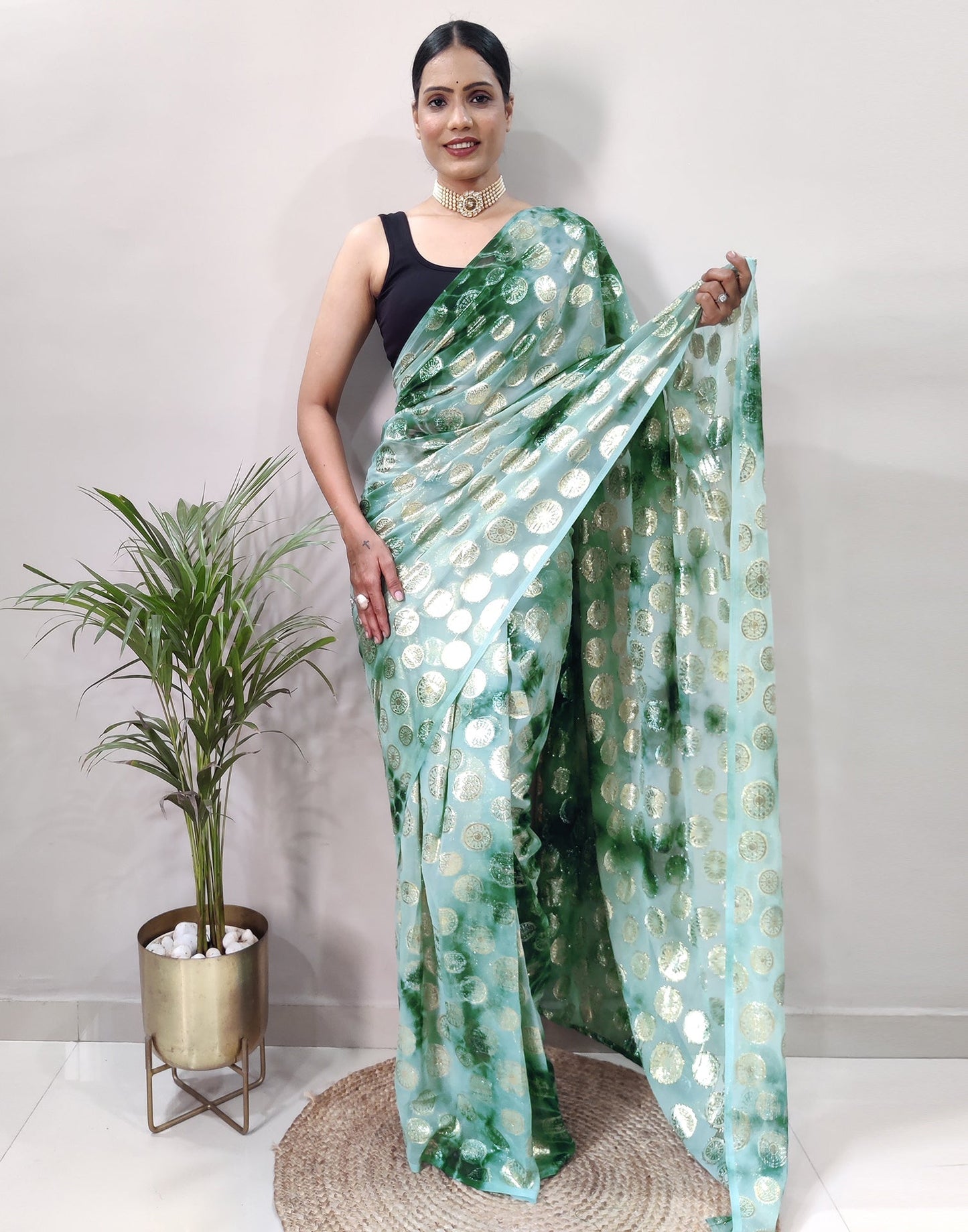 Green Chiffon Embroidery Pre-draped Saree