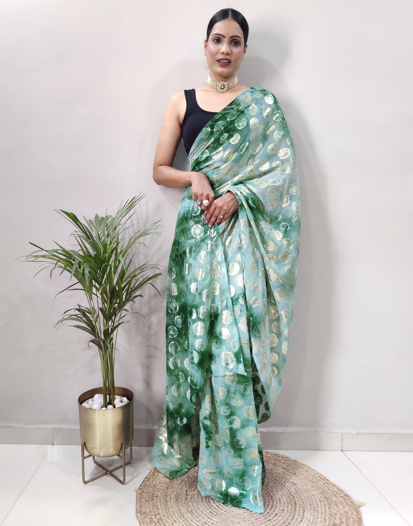 Green Chiffon Embroidery Pre-draped Saree