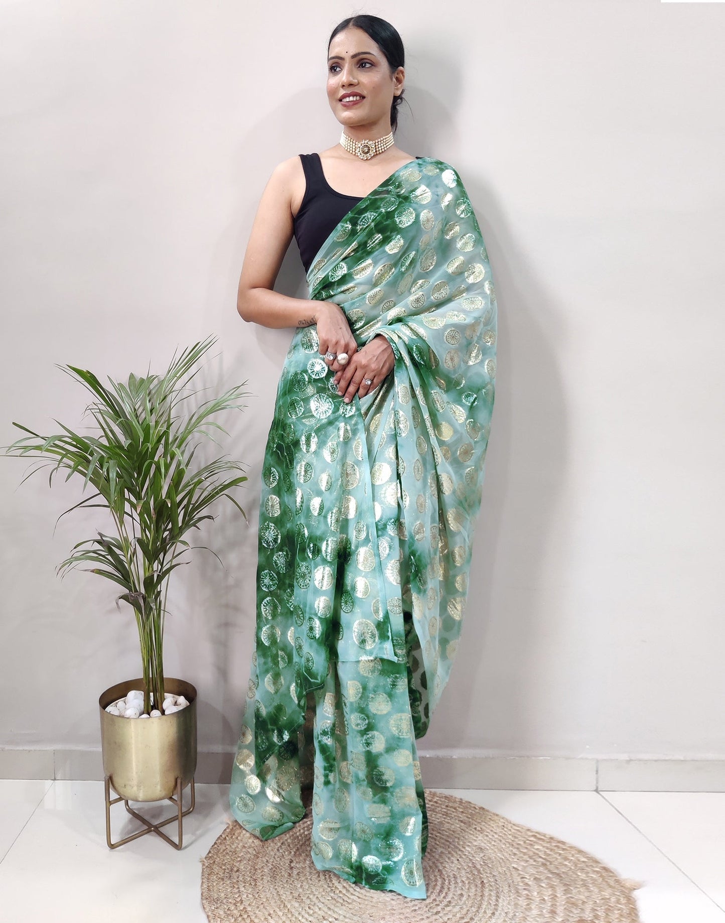 Green Chiffon Embroidery Pre-draped Saree