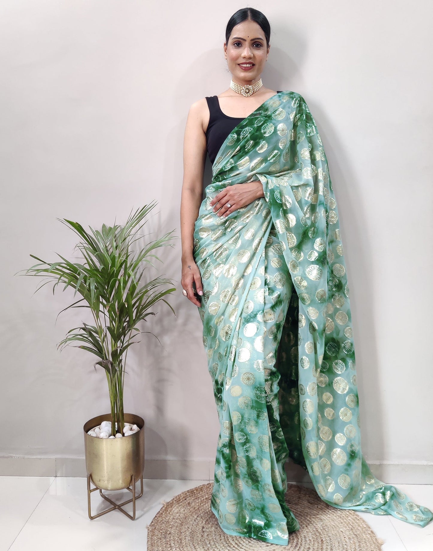 Green Chiffon Embroidery Pre-draped Saree