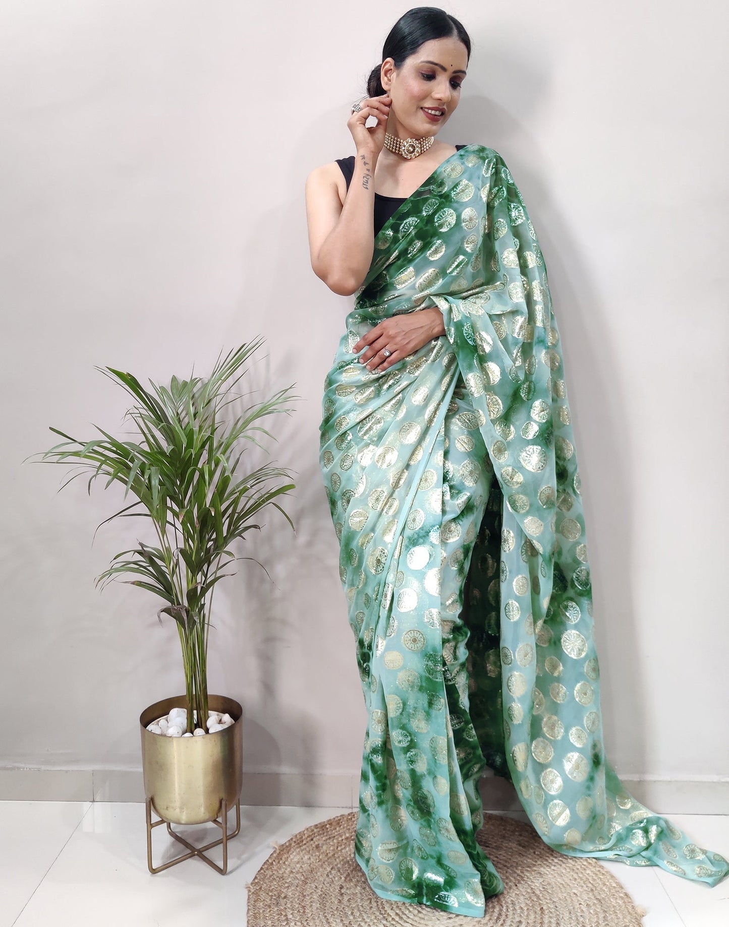 Green Chiffon Embroidery Pre-draped Saree