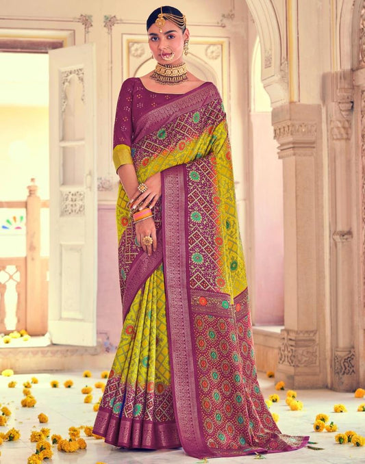 Parrot Green Bandhani Silk Printed Saree