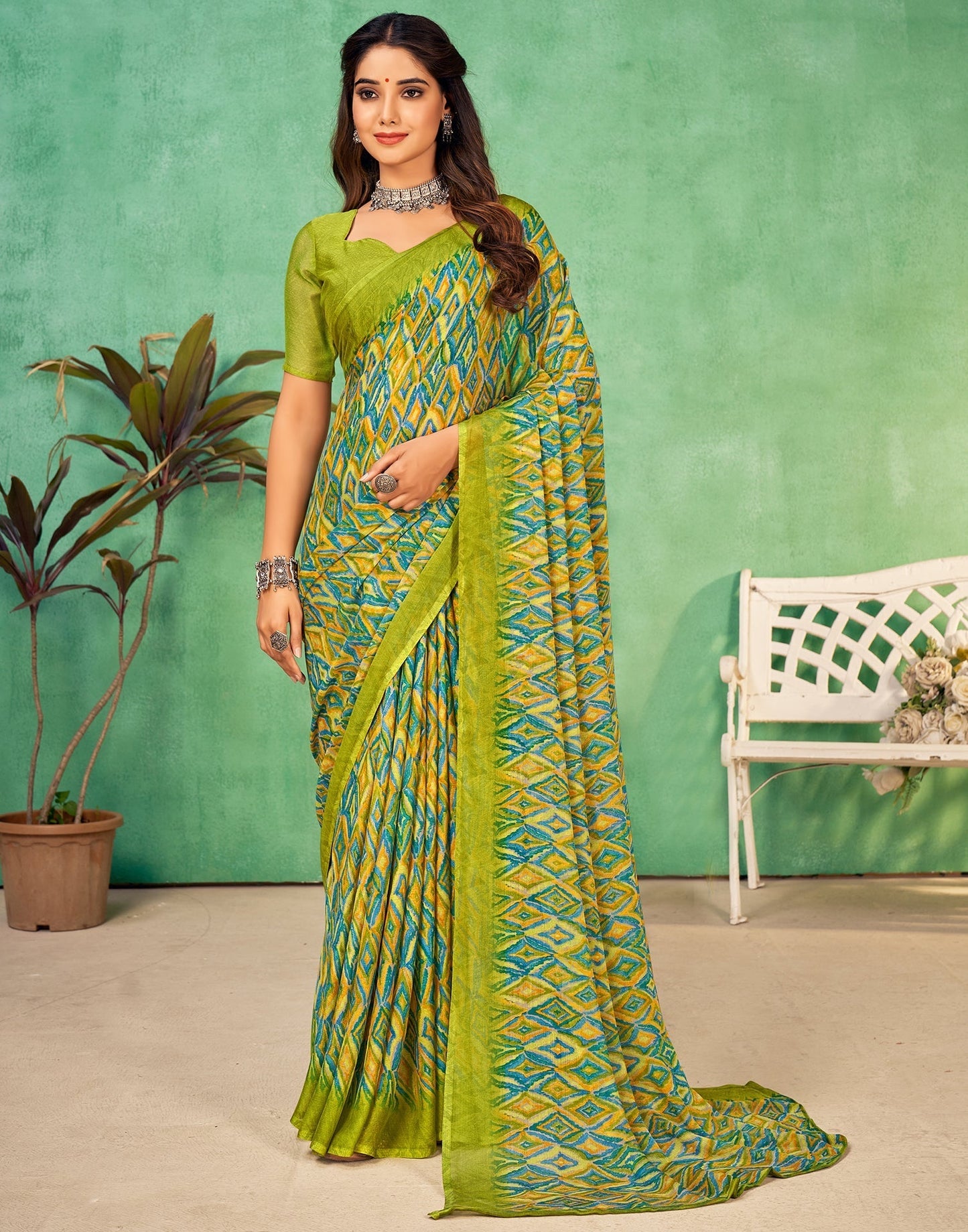 Olive Green Chiffon Printed Saree