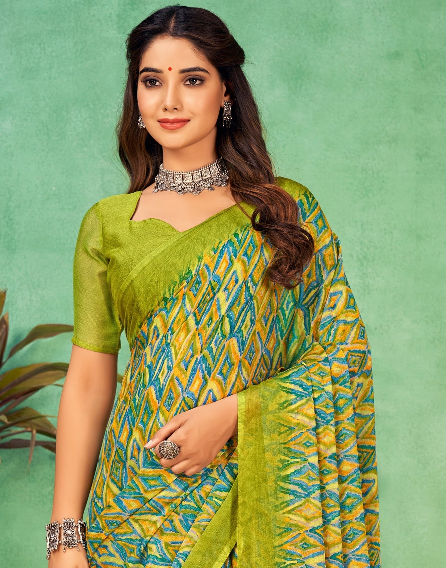 Olive Green Chiffon Printed Saree