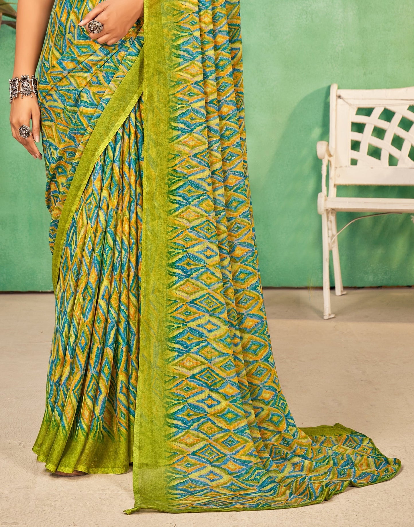 Olive Green Chiffon Printed Saree