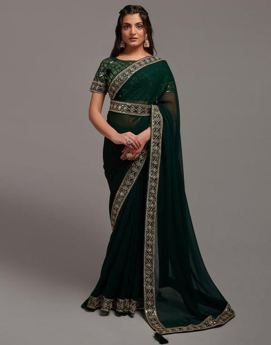 Green Chiffon Plain Saree