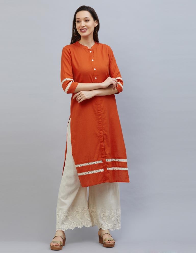 Adorable Orange Coloured Laced Cotton Kurti