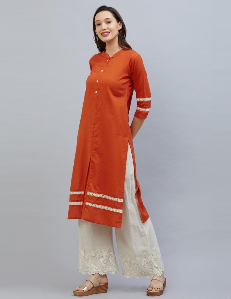 Adorable Orange Coloured Laced Cotton Kurti