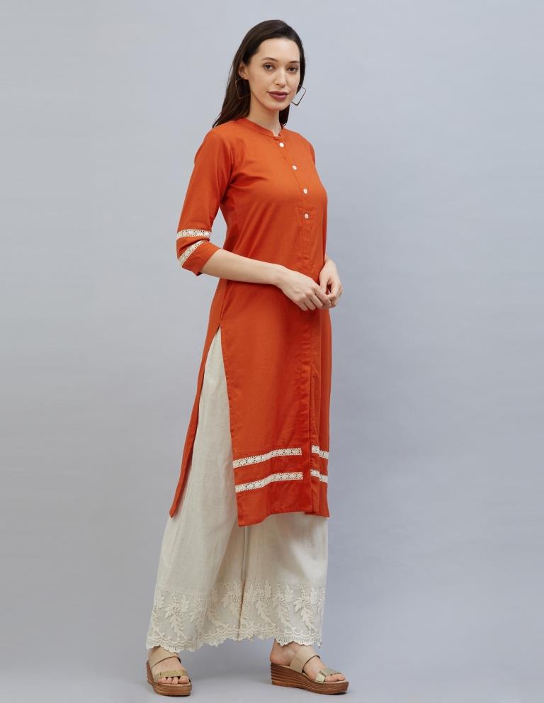 Adorable Orange Coloured Laced Cotton Kurti