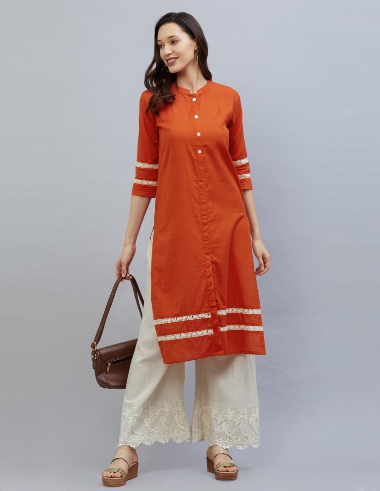 Adorable Orange Coloured Laced Cotton Kurti