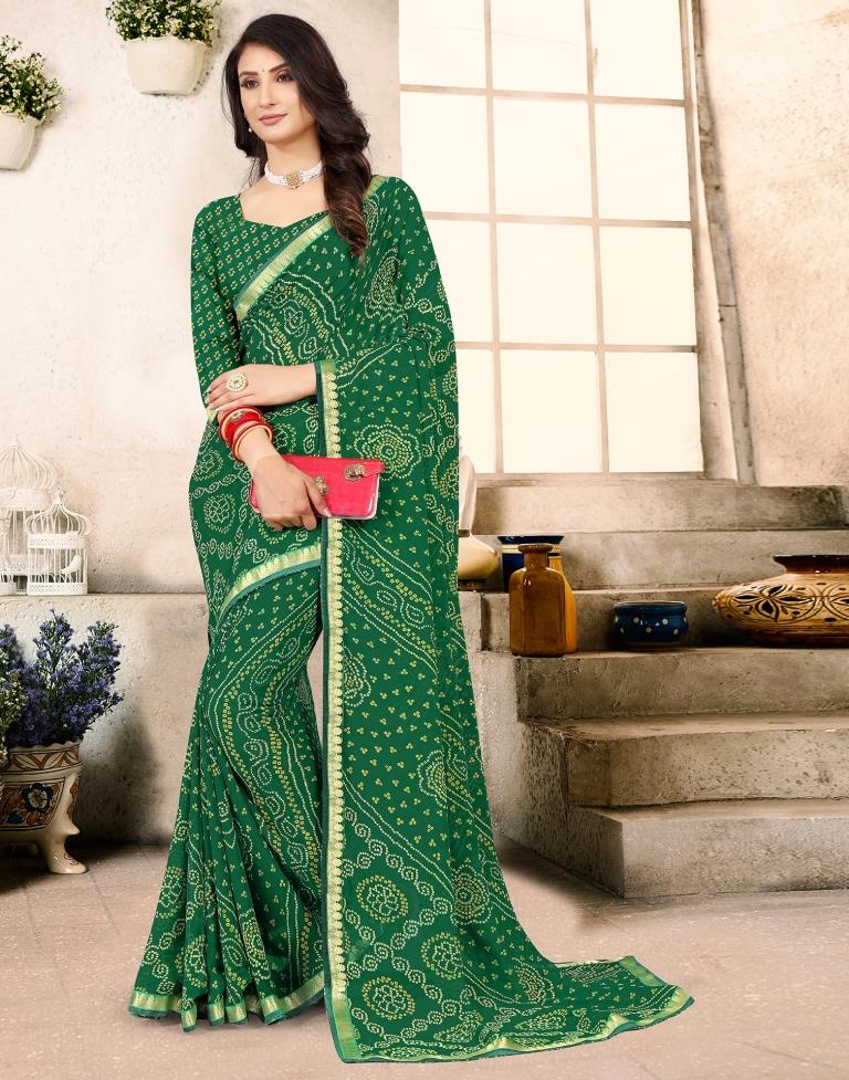 Green Georgette Bandhani Printed Saree