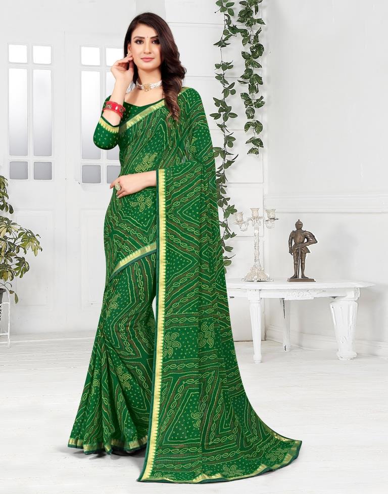 Green Georgette Bandhani Printed Saree