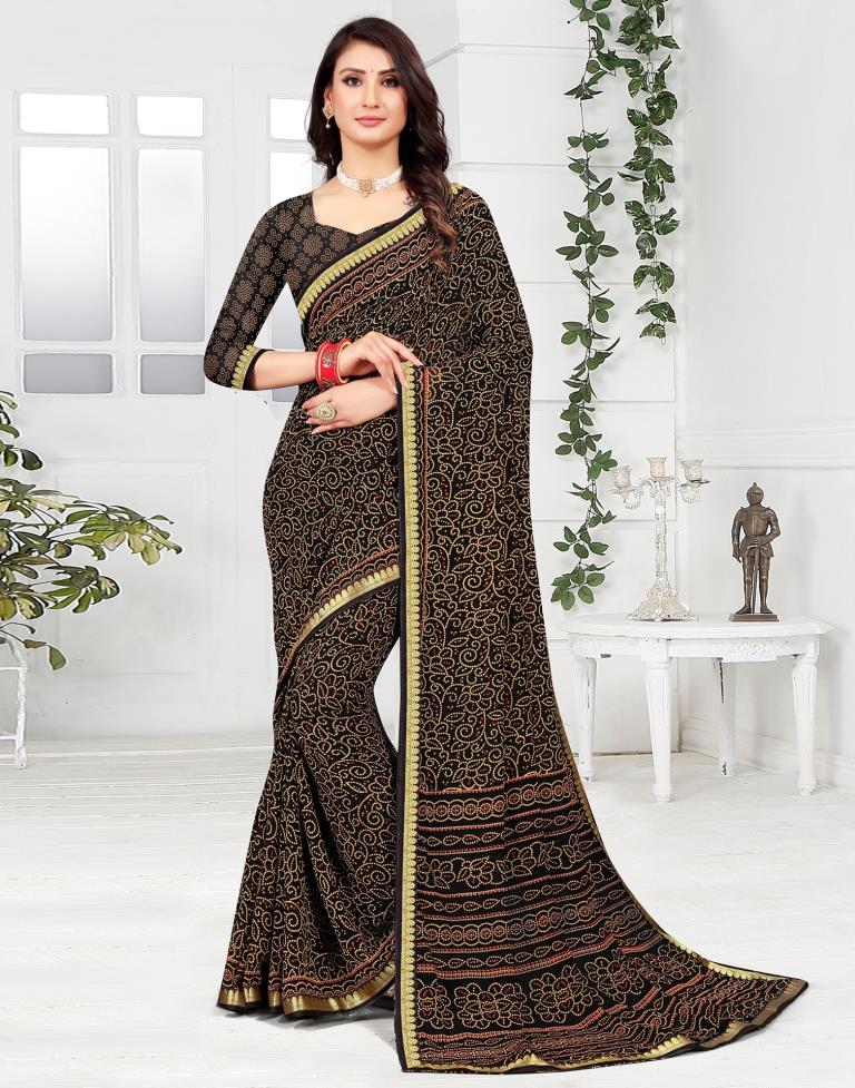 Black Georgette Bandhani Printed Saree