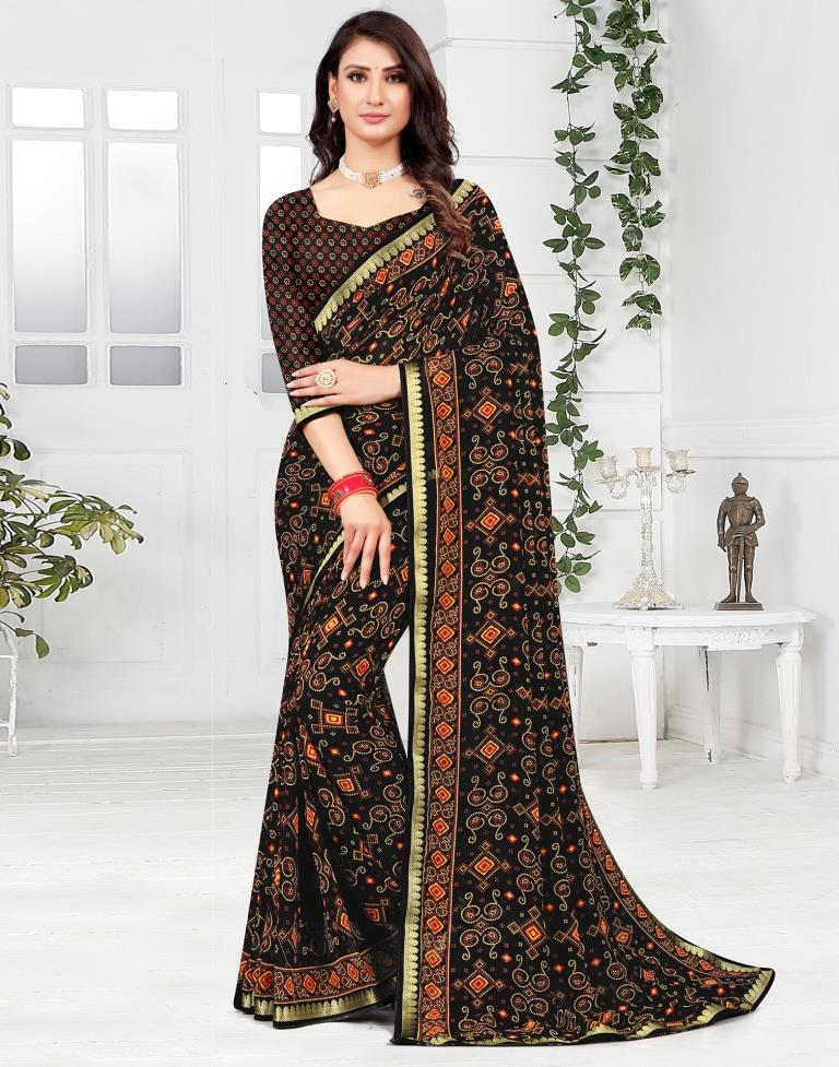 Black Georgette Bandhani Printed Saree