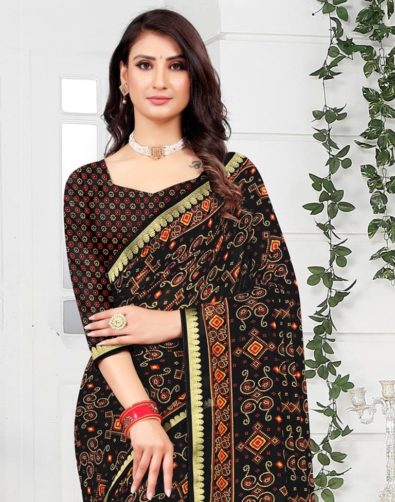 Black Georgette Bandhani Printed Saree