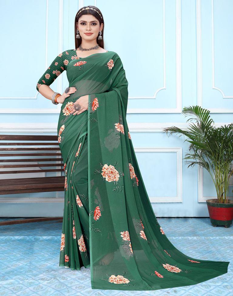 Green Georgette Digital Printed Saree