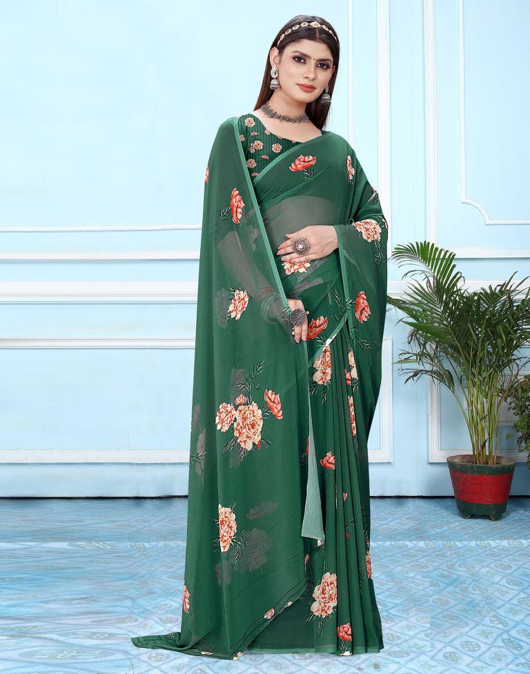 Green Georgette Digital Printed Saree