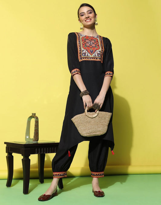 Black Printed Rayon Straight Kurta Set With Pant