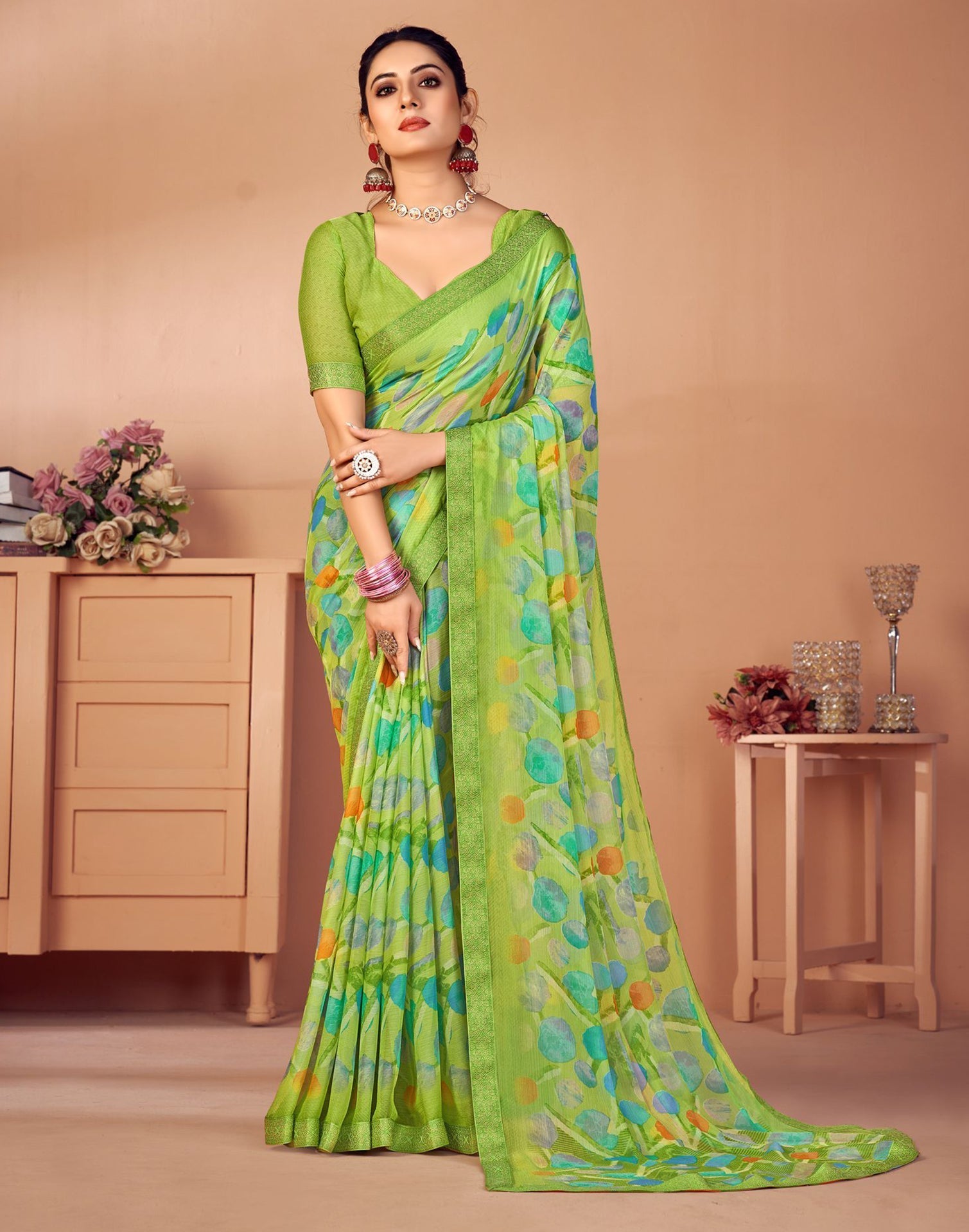 Parrot Green Printed Chiffon Saree