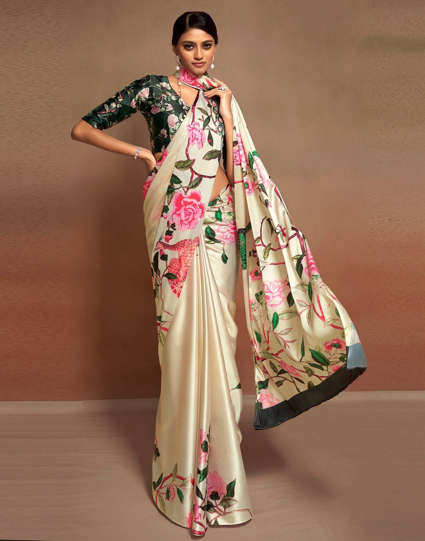 Off White Printed Silk Saree