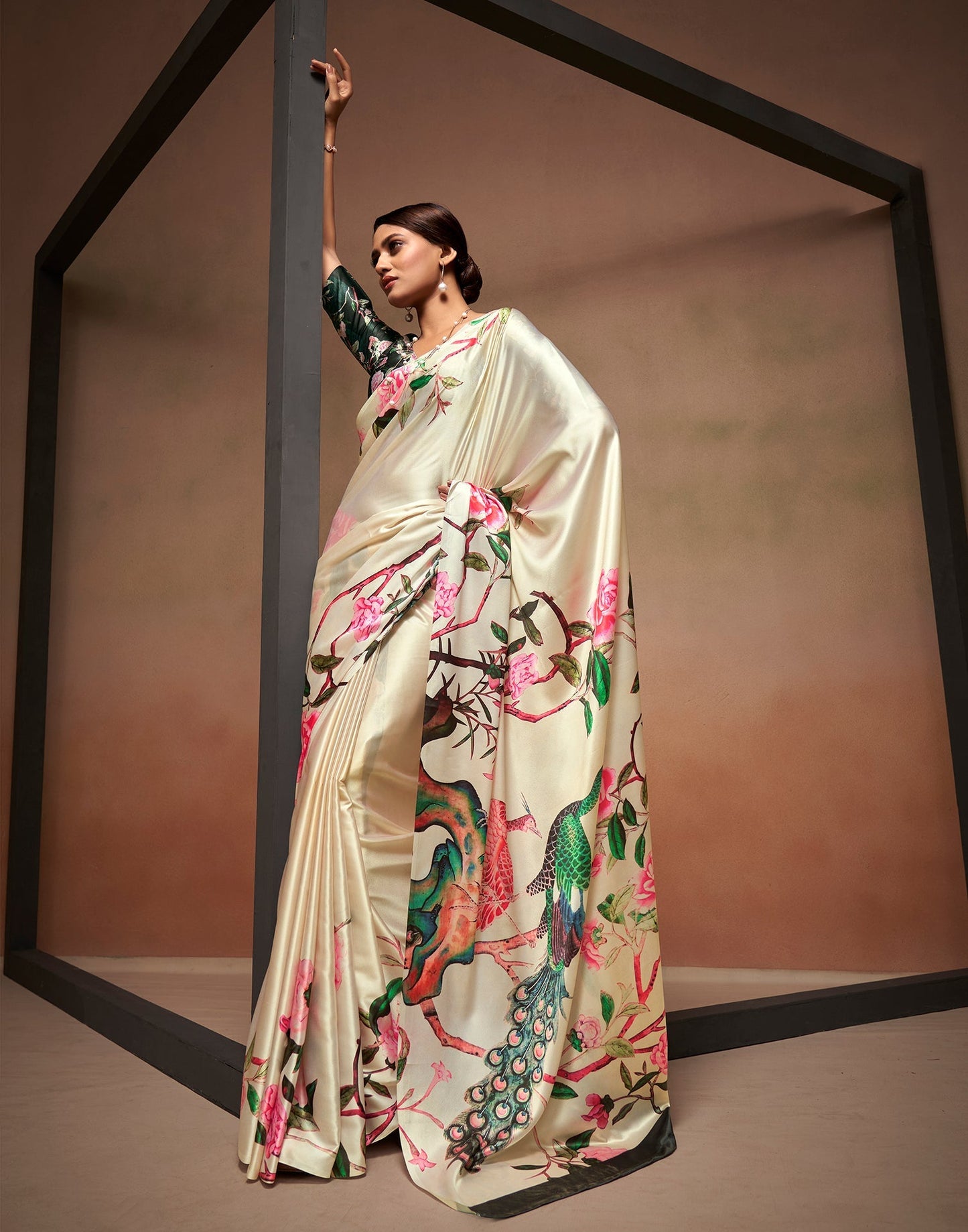 Off White Printed Silk Saree