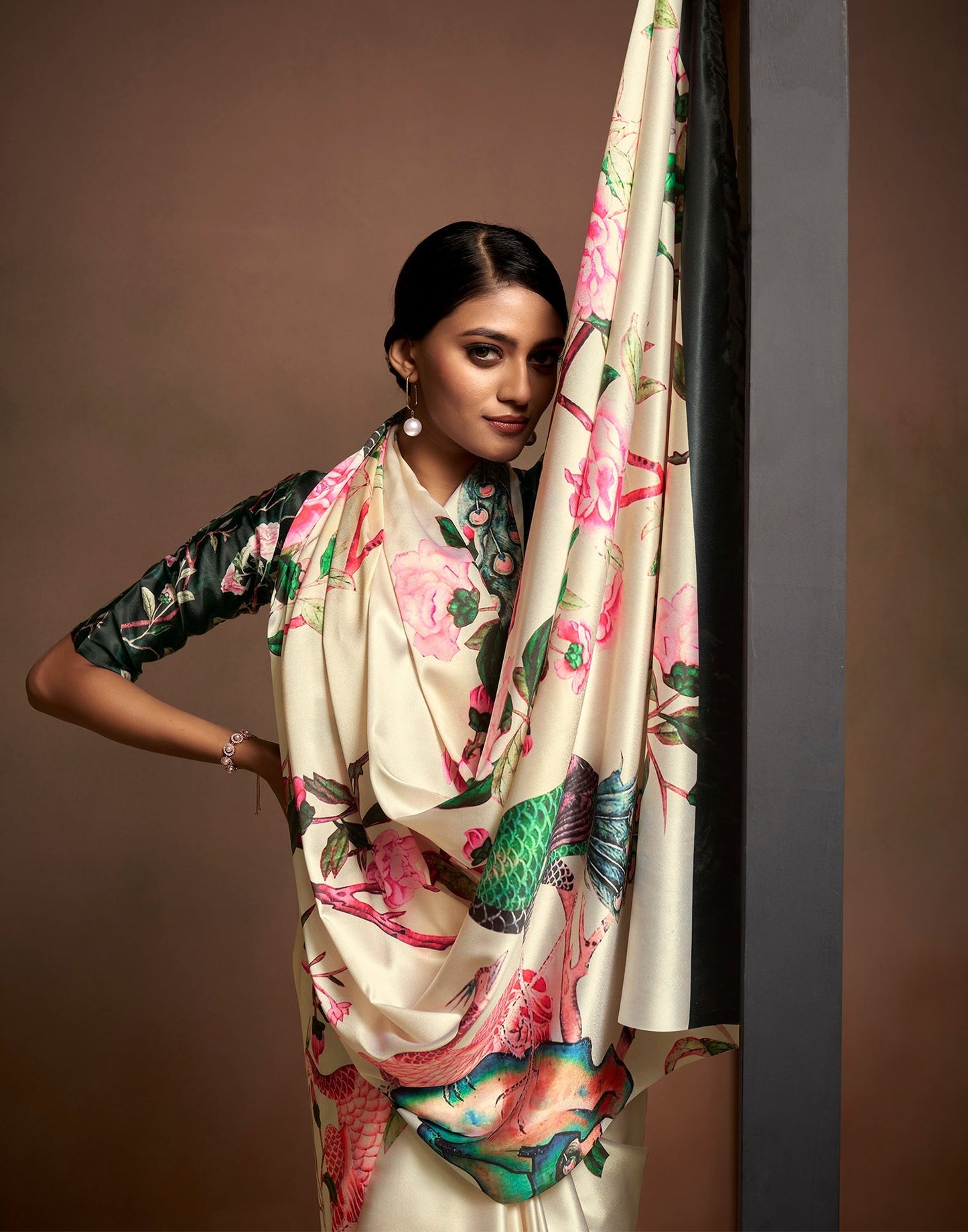 Off White Printed Silk Saree